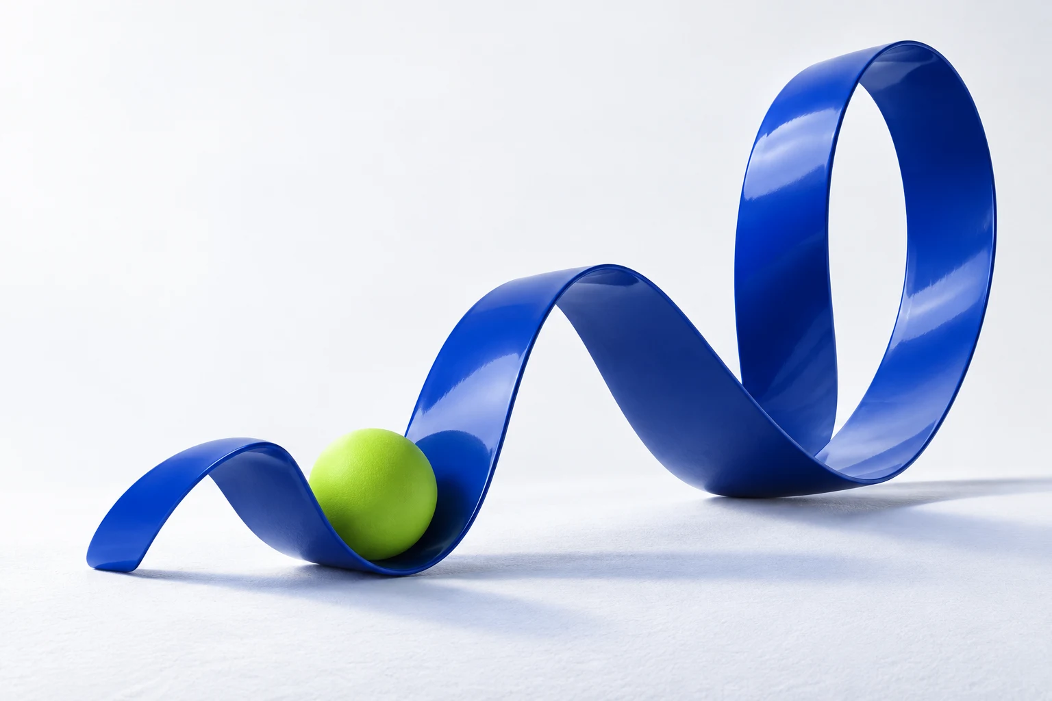 A sculptural blue ribbon rising into an expansive loop
